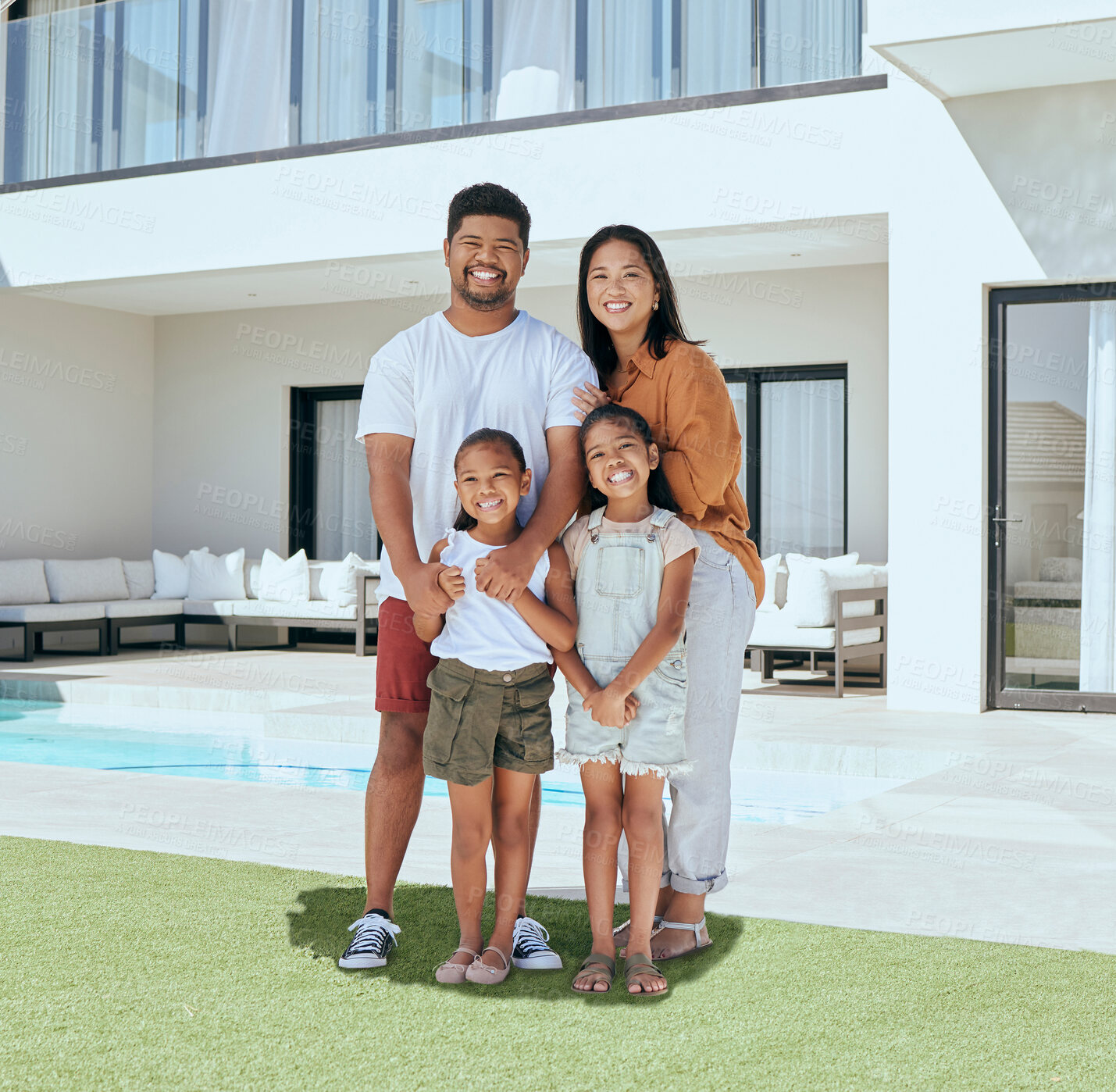 Buy stock photo Real estate, new home and happy family portrait outdoor grass of luxury house, dream building or mortgage finance in Asia. Parents, kids and family home loan of property investment in neighborhood 
