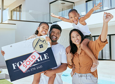 Buy stock photo Family, sign and sold at new house in portrait, happy or smile for parents, kids or happiness. Asian, family and real estate with poster, sale or excited at property, home or mansion with children
