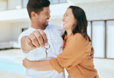 Buy stock photo ??Couple, hand and key to new real estate, property or house with mortgage loan approval, sales deal success or security investment. Zoom, smile or happy homeowner man and woman in hug and love bond