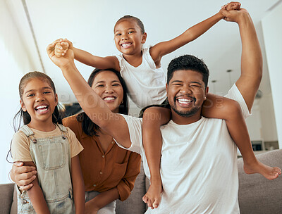 Buy stock photo Family, portrait and fun playing at home for love, bonding and playful time at home. Mother, father and sister siblings fooling around for amusing and hilarious funny comic moment with people, kids