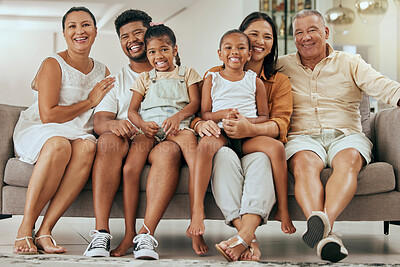 Buy stock photo Children, parents and happy grandparents on sofa, generations of family together in living room. Love, home and couple with kids, grandma and grandpa from Indonesia relax and smile on couch in home.