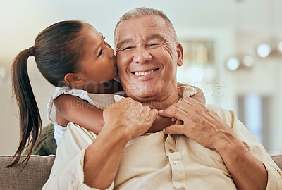 Buy stock photo Happy, grandfather and little girl kiss with hug for love and care in family bonding time or generations at home. Portrait of grandpa with smile in happiness for hugging, loving and caring grandchild