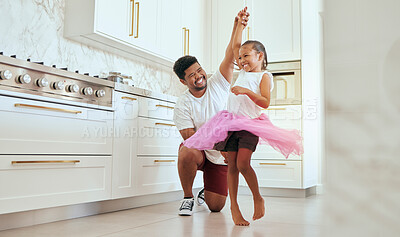 Buy stock photo Dad, girl and ballet dance of a child in a home kitchen dancing together and bonding. Family man, father and kid dancer having fun and spending quality time with care happy from a crazy twirl