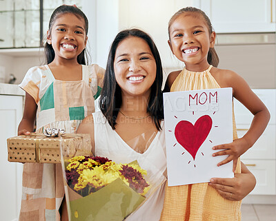 Buy stock photo Mothers day, birthday and happy family children with gift, celebration flowers and heart card to celebrate mama. Love, youth girl and portrait of kids giving mom surprise, bouquet and present box
