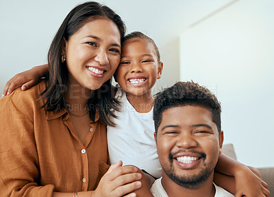 Buy stock photo Happy family, mother and father with child in a portrait enjoying quality time with big smiles on their faces. Young kid, mama and dad love relaxing together on a living room sofa in a house in Peru