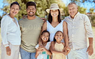 Buy stock photo Nature, summer and portrait of big family in park for fun, bonding and quality time together outdoors. Diverse grandparents, parents and kids on family outing enjoying holiday, vacation and weekend