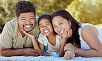 Love, happy family picnic and portrait of relax mother, father and child having fun, bond and enjoy quality nature time together. Happiness, outdoor peace and park freedom for youth girl and parents