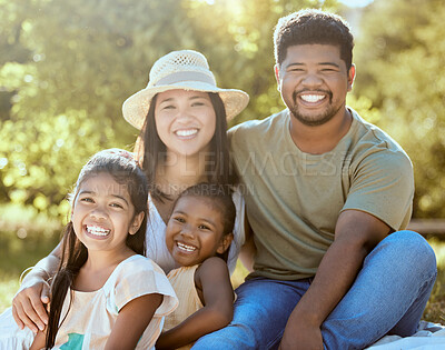 Buy stock photo Family, picnic and vacation of children, mom and dad together in nature park happy about summer, love and lifestyle. Life insurance, savings and Philippines holiday portrait with man, woman and kids
