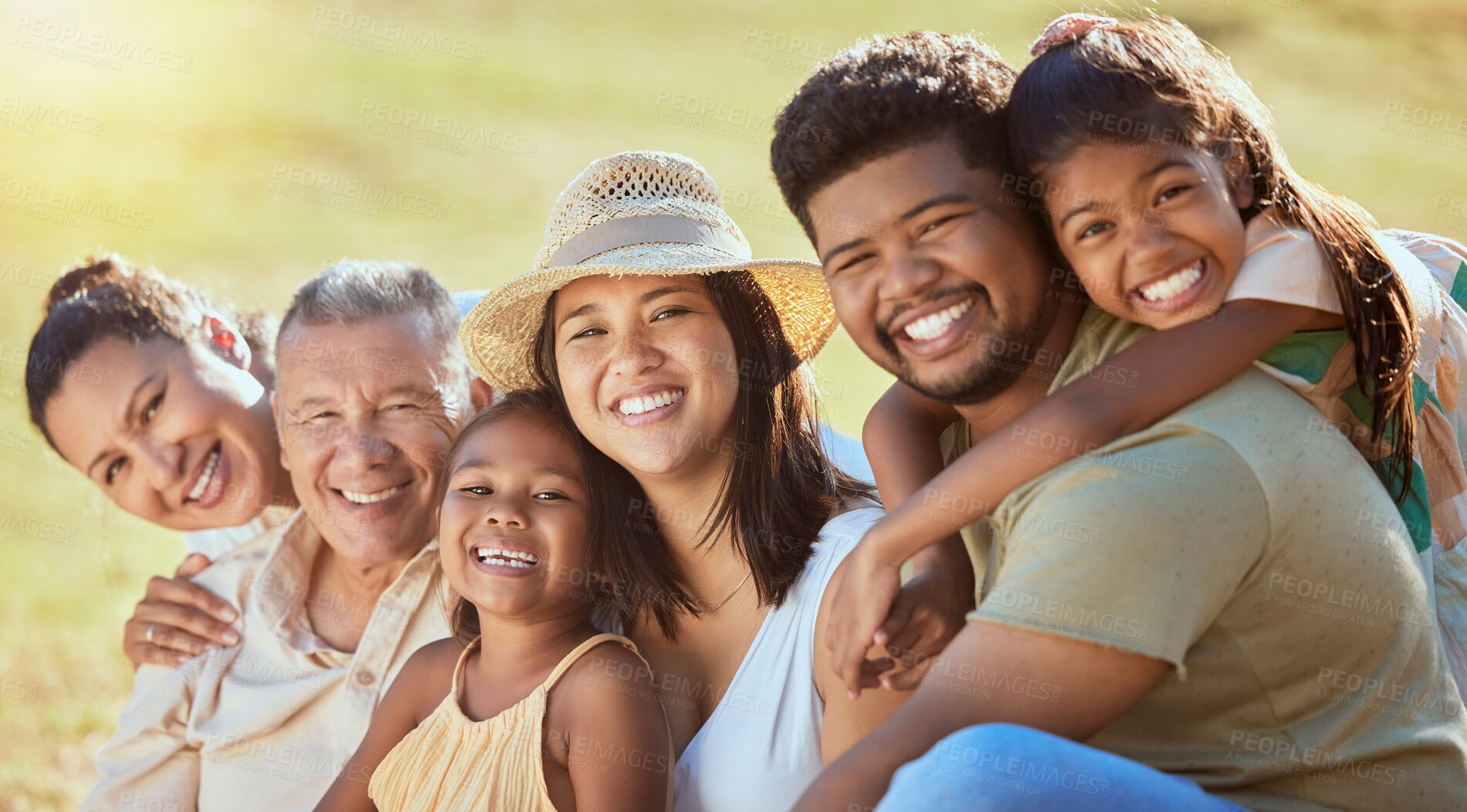 Buy stock photo Happy, big family and garden picnic at the park with parents,  grandparents and children bonding in nature outdoors.  Love, happiness and a family reunion with elderly people, mother and dad on grass