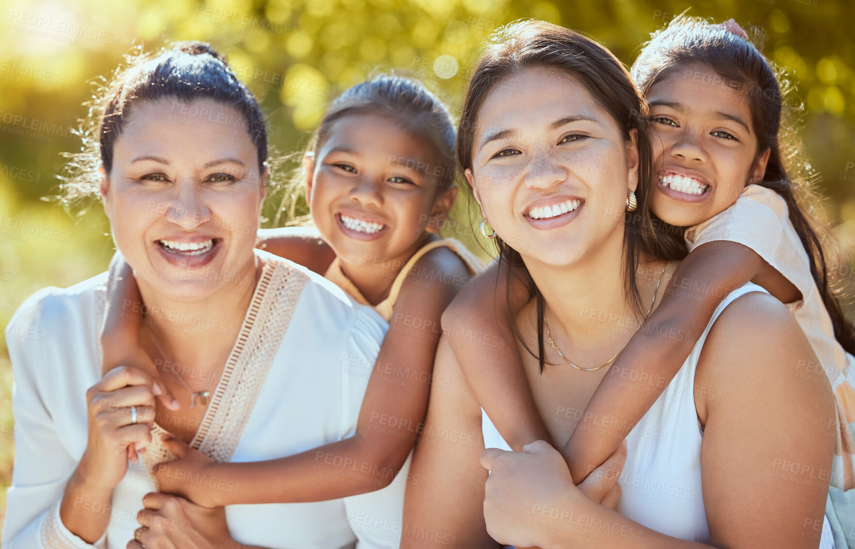 Buy stock photo Family, portrait and women relax in a park, bonding with children, mother and grandmother in nature. Love, happy family and kids hug, smile and embrace mom and granny playing in a garden in Mexico