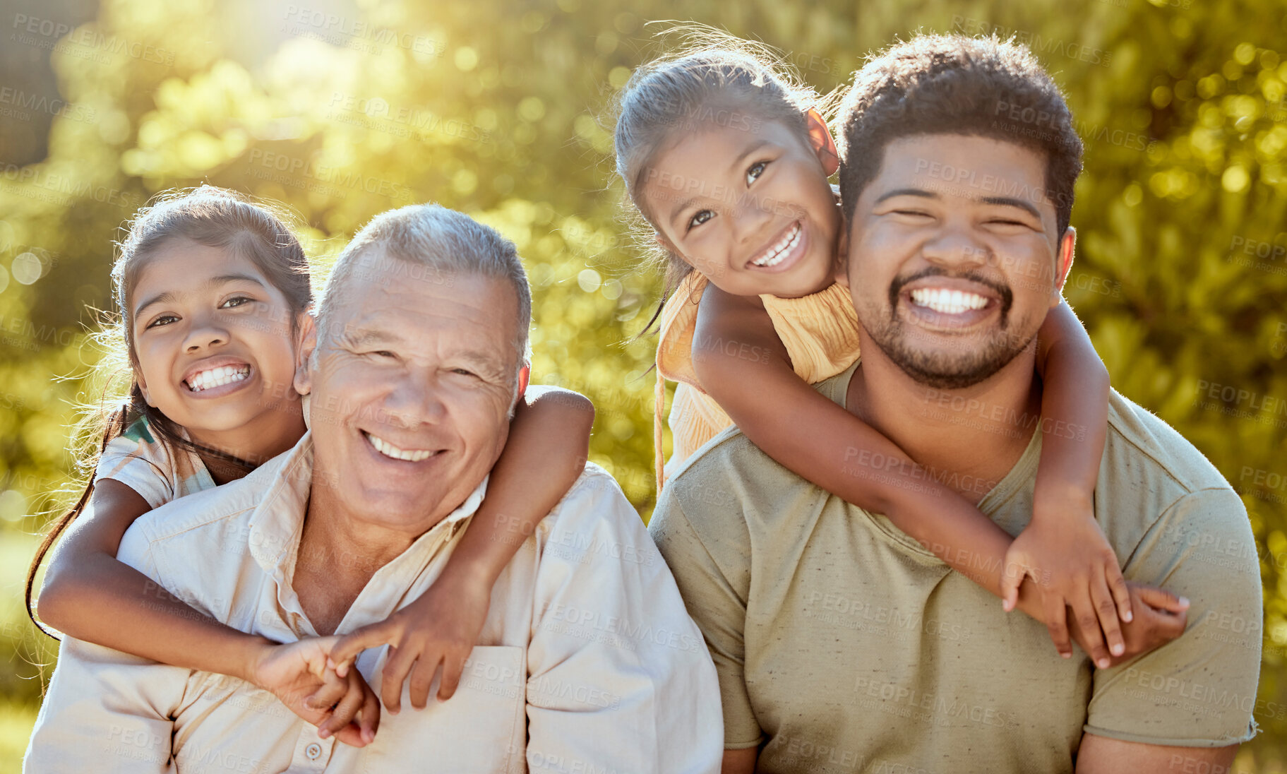 Buy stock photo Happy, family and children hug in a nature park with happiness in the summer sun with a smile. Portrait of a black father, grandparent and girl kids together feeling love, youth and parent care