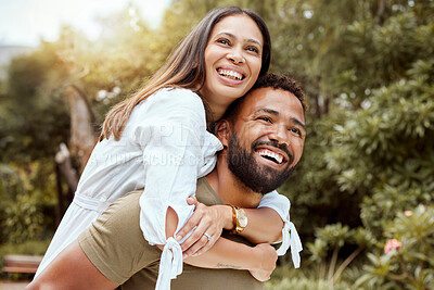 Buy stock photo Love, happy and nature with couple and piggy back for spring, peace and relax in countryside park together. Smile, freedom and summer with man and woman hug for holiday, trees and grass field  