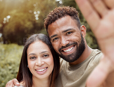 Buy stock photo Happy selfie, couple and outdoor nature park with black people with a smile in summer. Portrait of a girlfriend and boyfriend together with happiness and love smiling for commitment anniversary