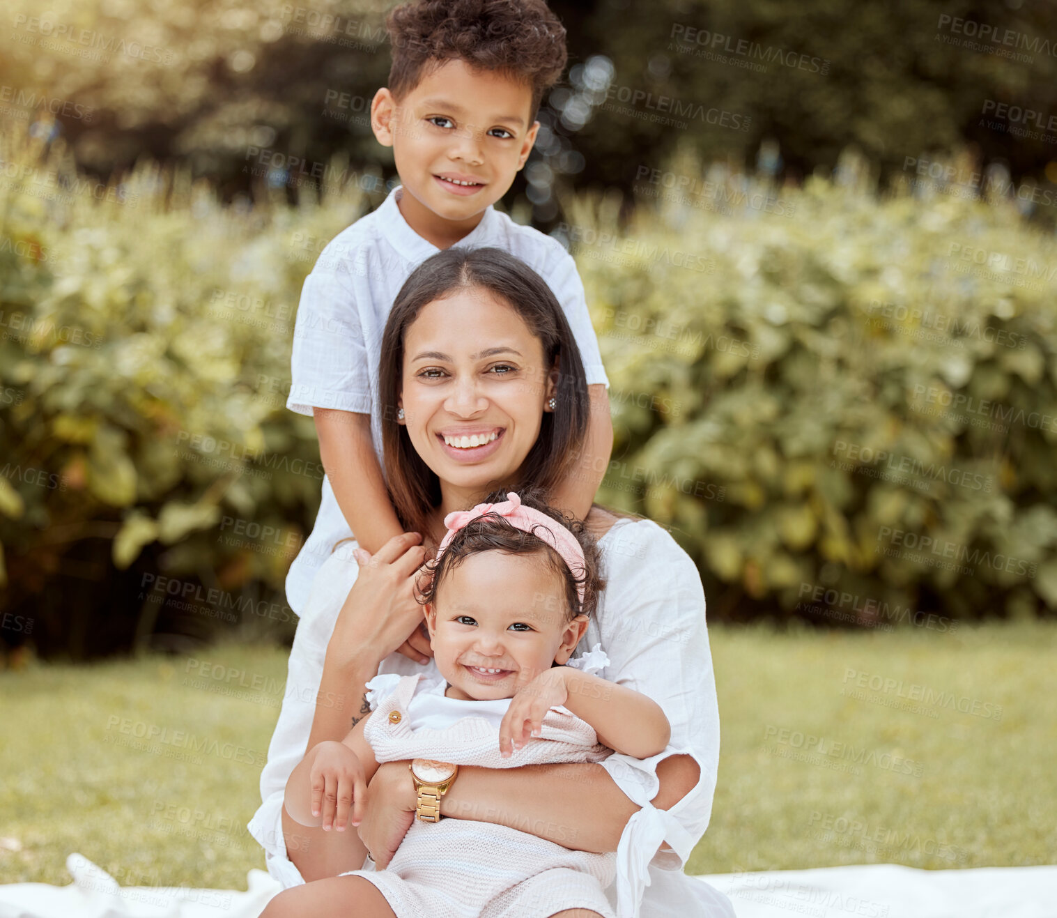 Buy stock photo Happy, family and picnic of a mom, baby and boy in a park in nature having fun in summer. Portrait of woman and young kids from Mexico with happiness, love and care outdoor with youth care together
