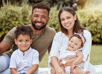 Buy stock photo Happy, picnic and portrait of family in park for relax, spring and nature in countryside field. Smile, growth and summer with parents and children in grass field for peace, health and wellness 