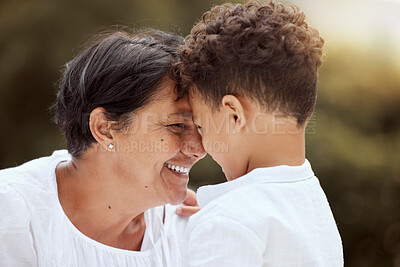 Buy stock photo Happy, grandma and child love to smile, play and bond together outdoor at family home or house. Happy senior, elderly or grandparent with young kid smiling for joy, happiness and care outside