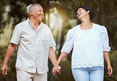 Buy stock photo Happy, support and love senior couple enjoy a romantic walk at the forest together on a sunny day. Smile affectionate husband and wife holding hands bonding on vacation and retirement outdoor
