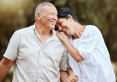 Buy stock photo Love, family and elderly couple at a park, relax and having fun while bonding, talking and walking in nature. Happy family, mature and man with woman in a forest laughing, joking and enjoy retirement