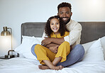 Father daughter, bed embrace for black family and bedtime portrait for bonding love, parent care and happiness. Dad, girl child smile and home bedroom for black man, holding kid or night hug in house