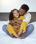Father, girl and family kiss with a hug on a bedroom bed spending quality time together. Morning, love and care of a dad and child in a home bonding and caring at a house with a happy smile