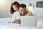 Brazilian father, laptop and girl bonding in house, home or hotel bedroom for movie streaming, zoom video call or social media show. Smile, happy and relax man with child and multimedia technology