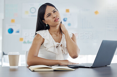 Buy stock photo Stress, burnout and neck pain with an asian business woman working on a laptop in her office for design. Problem, cramp and computer with a female designer at work online in a creative workplace