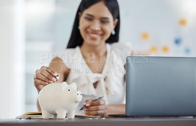 Buy stock photo Woman, money and savings with piggy bank in office, desk and workplace with laptop for finance, investment and future. Cash, planning and financial for bank, happy and retirement at work with pc
