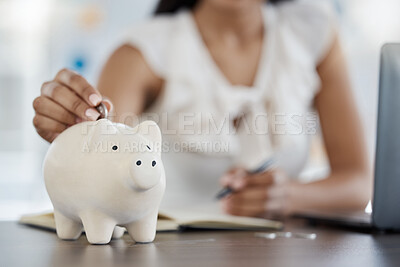 Buy stock photo Business woman, hands or piggy bank for accounting, savings or investment for company budget, startup finance or capital money. Zoom, financial worker or deposit container for cash or coins in office