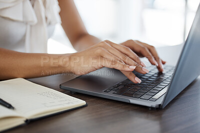 Buy stock photo Research, laptop and hands of business woman typing for networking, internet and website planning. Digital, technology and communication with employee working on vision, notebook and goals in office