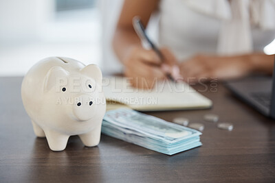 Buy stock photo Piggy bank, money and woman mortgage loan savings planning or wealth growth economy. Finance accounting worker, retirement investment insurance and budget security strategy development in office