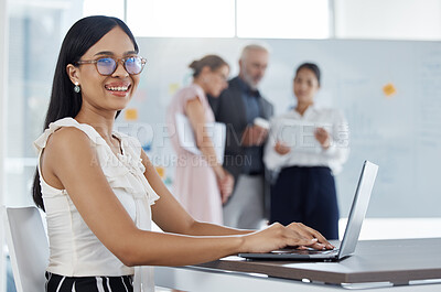 Buy stock photo Laptop, secretary and meeting with a business woman typing while taking minutes in a boardroom for planning. Portrait, assistant and notes with a female employee in an office for strategy development