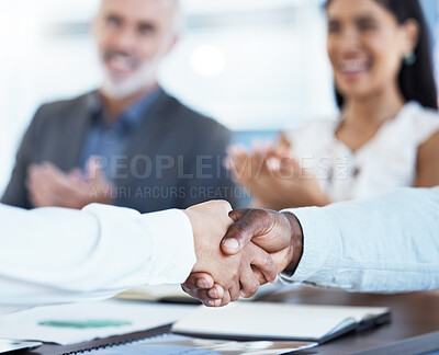 Buy stock photo Business, partnership and handshake diversity deal with corporate partners clapping. Crm, meeting and team thank you hand gesture showing support, motivation and b2b success of teamwork and trust