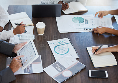Buy stock photo Business meeting, documents and team strategy growth of marketing staff working on a proposal. Corporate collaboration, teamwork and office work of a advertising employee group busy with job data