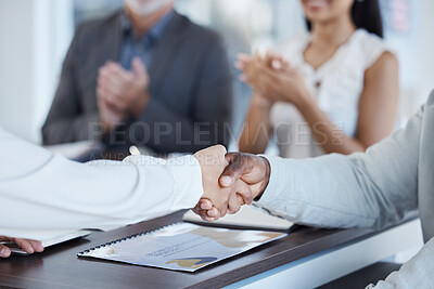 Buy stock photo Hands, b2b and handshake in support of partnership, collaboration and clapping hands for success, motivation and business integration. Hand shake, vision and teamwork by team negotiation planning