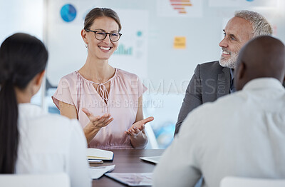 Buy stock photo Business people, team and meeting discussion for idea, conversation or company solution in analysis at the office. Happy woman employee analyst sharing ideas in collaboration, teamwork or workshop