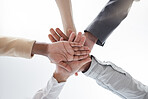 Hands together, support and teamwork motivation of business team showing solidarity. Collaboration, work community and corporate staff ready for working on a project together with trust and hope