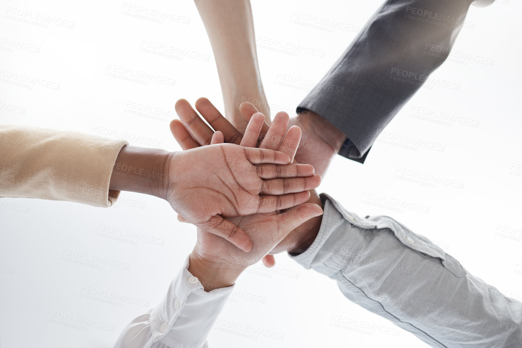 Buy stock photo Hands together, support and teamwork motivation of business team showing solidarity. Collaboration, work community and corporate staff ready for working on a project together with trust and hope