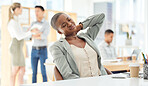 Anxiety, neck pain and work burnout of a office employee feeling stress about business job. Black woman working and frustrated about workplace deadline, report and audit with a mental health problem 
