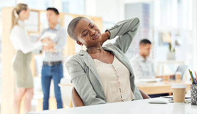 Buy stock photo Anxiety, neck pain and work burnout of a office employee feeling stress about business job. Black woman working and frustrated about workplace deadline, report and audit with a mental health problem 