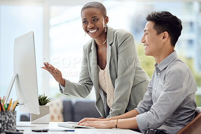 Buy stock photo Mentor, manager and teamwork with a business woman training a male employee in the office. Meeting, management and support with an African female leader teaching or coaching an asian man at work