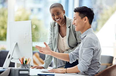 Buy stock photo Asian businessman, black woman or computer help in digital marketing startup, advertising agency or creative office. Smile, happy or collaboration teamwork with technology in growth strategy planning