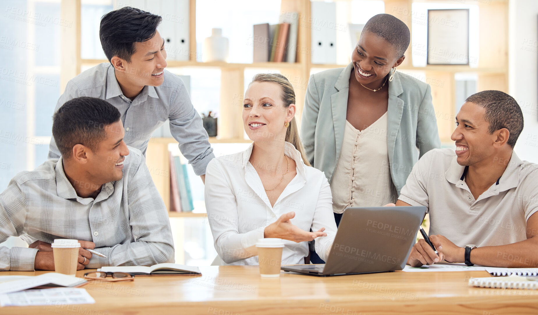 Buy stock photo Laptop, training and meeting with a female leader and her team in the office for strategy or planning together. Teamwork, coaching and learning with a woman boss and employee group in the boardroom