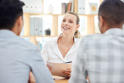 Buy stock photo Recruitment, office and interview with a hr professional with cv or document for hiring process. Corporate, company and business people in meeting with the manager for management report in workplace.