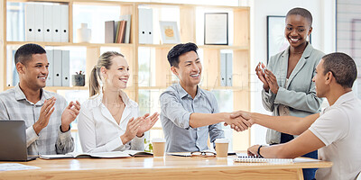 Buy stock photo Handshake, applause and congratulations, recruitment success at startup meeting. Hand shake, thank you and a corporate welcome to new recruit or partner for business deal, achievement or agreement