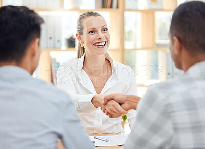 Buy stock photo Handshake, recruitment and business people in a meeting hiring a new hr manager, worker or employee in a company office. Smile, resume and happy woman shaking hands with management in a job interview