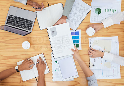 Buy stock photo Marketing, project collaboration meeting and brainstorming idea for sales growth with analytics, documents and corporate strategy. Teamwork, employees together and plan business project management 