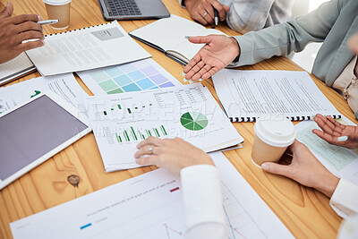 Buy stock photo Documents, paper and chart for meeting, team and planning for finance, budget or market in office. Graph, corporate and strategy with research, group or collaboration for business, stock or teamwork