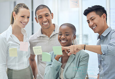 Buy stock photo Business people, sticky notes or strategy planning on glass wall in creative marketing office, advertising or growth schedule. Smile, happy or teamwork diversity collaboration thinking of brand goals