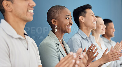 Buy stock photo Diversity, team and business celebrate, smile and clap for partnership, group project and success planning. Teamwork, collaboration and applause for startup company for successful workshop.