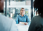 Woman, documents and meeting with client in office for planning, discussion or strategy for business. Business meeting, talking and smile at table with paper for collaboration, deal or contract